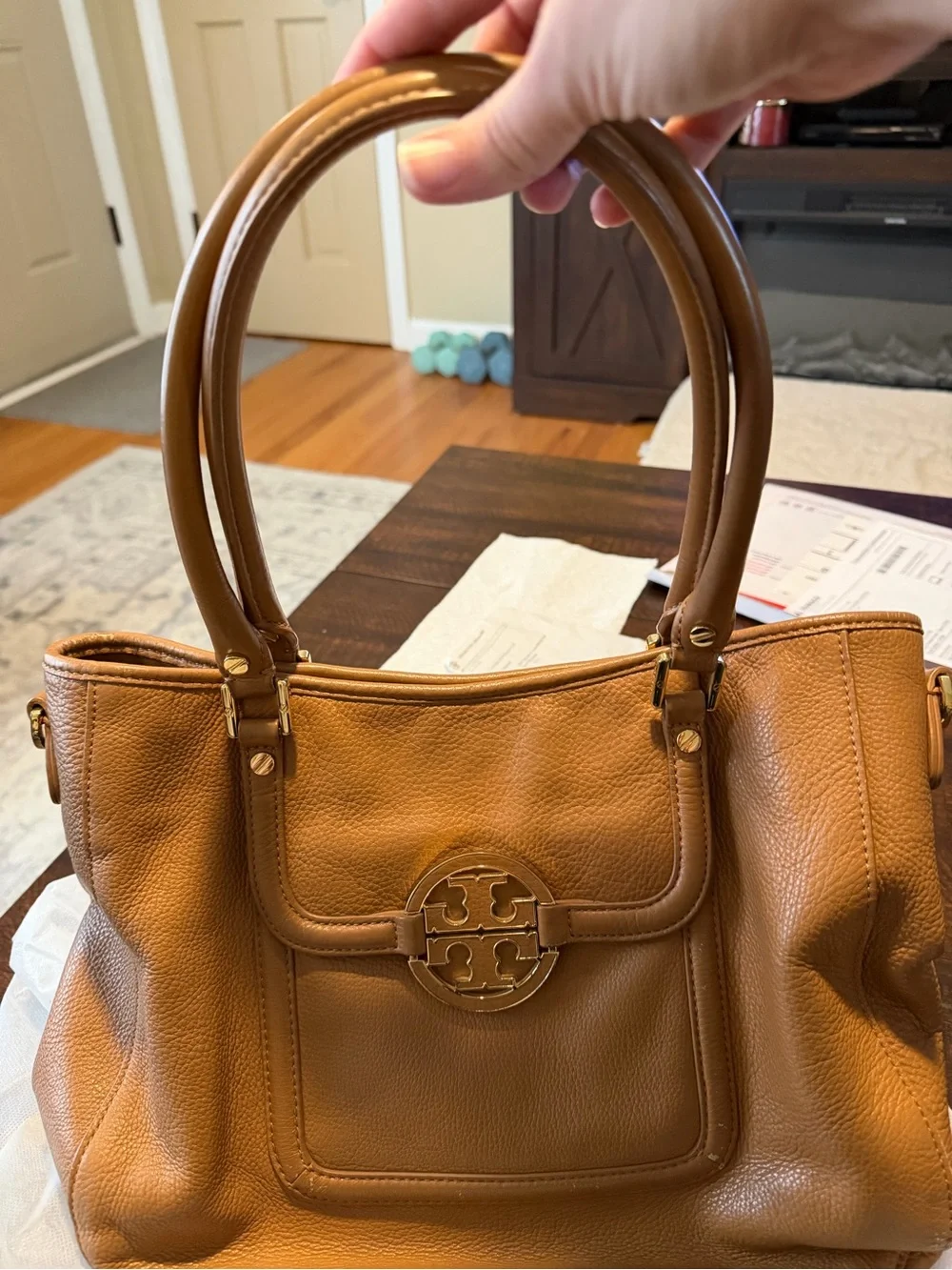 Tory Burch Tan Pebbled Leather Tote with Logo Medallion